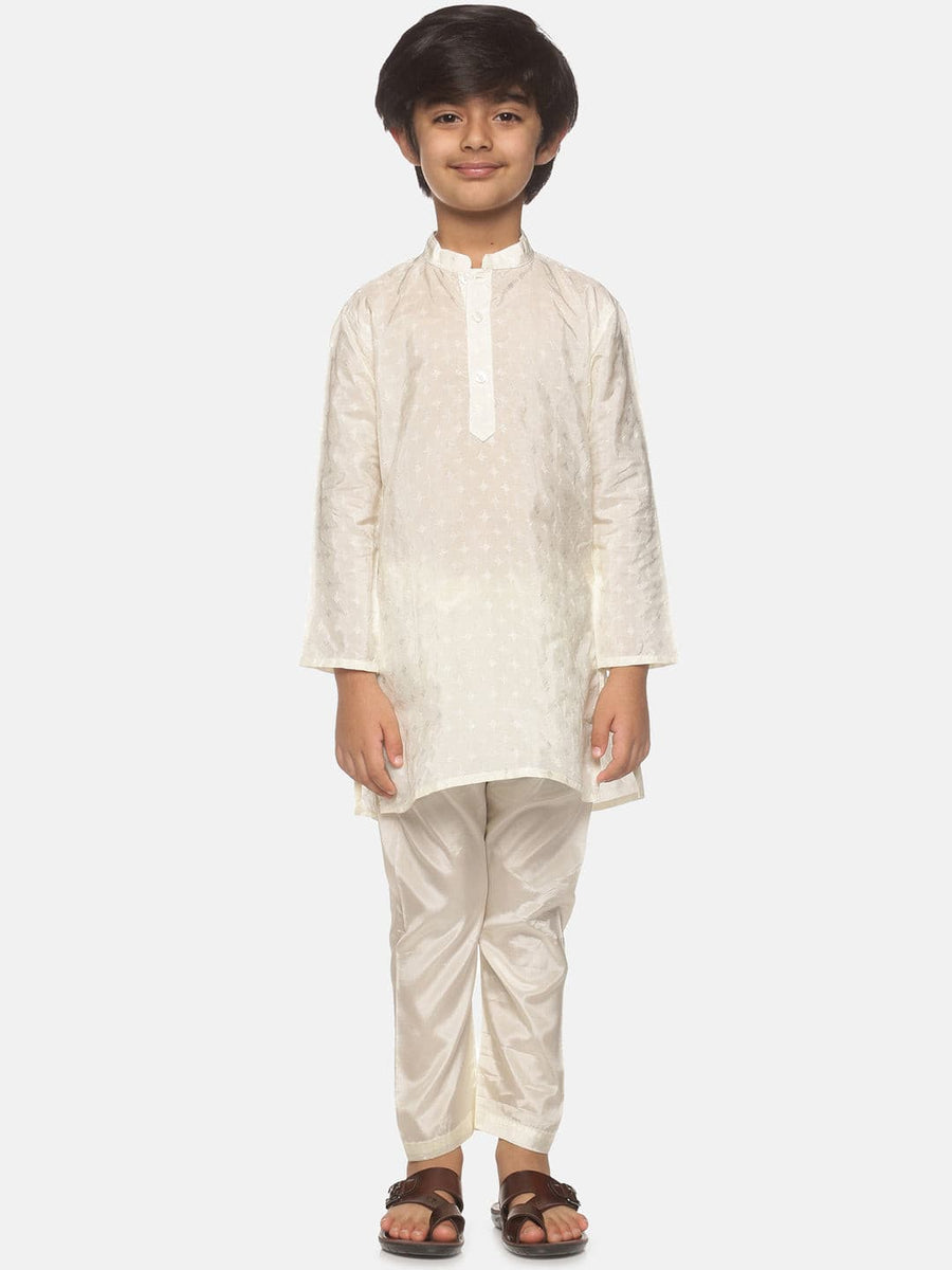 Boys Off White Colour Art Silk Kurta Pyjama Set