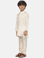 Boys Off White Colour Art Silk Kurta Pyjama Set.