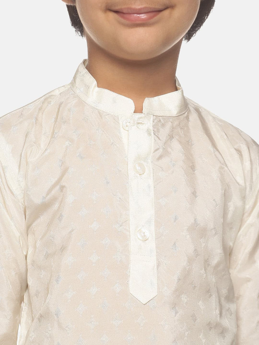 Boys Off White Colour Art Silk Kurta Pyjama Set.