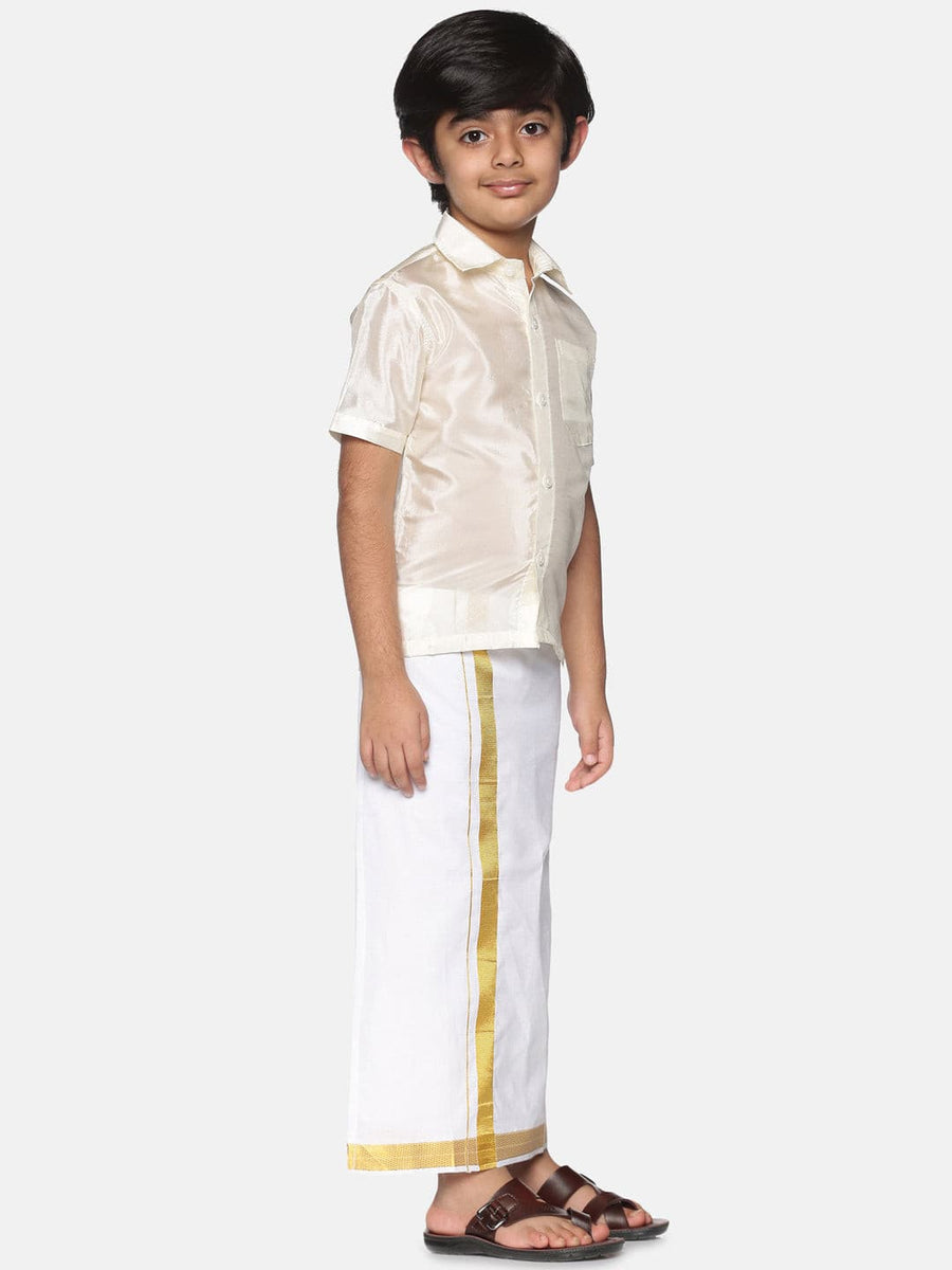 Boys Solid Cream Shirt And Dhoti Set.