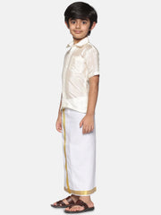 Boys Solid Cream Shirt And Dhoti Set.