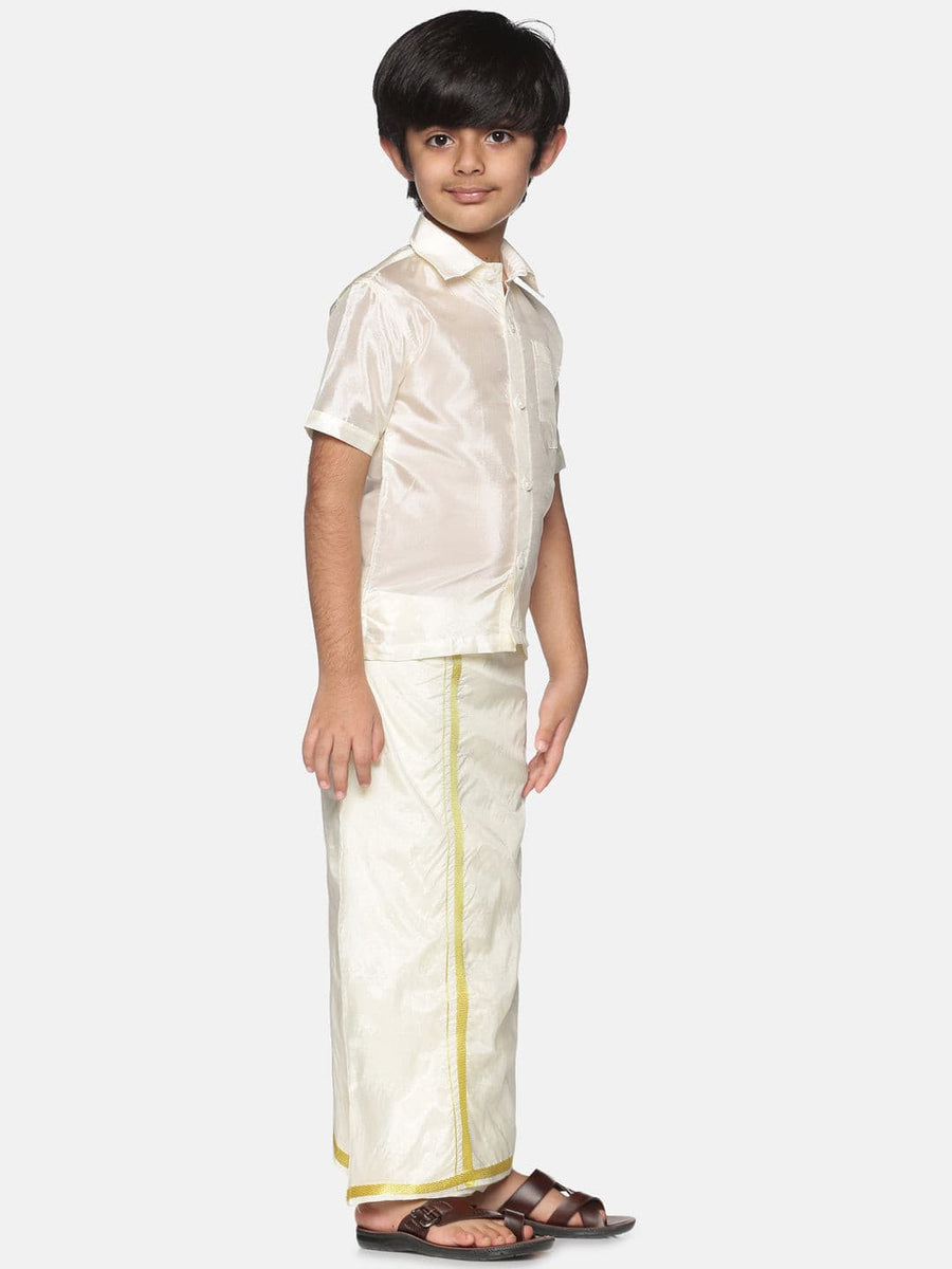 Boys Solid Cream Shirt And Dhoti Set.