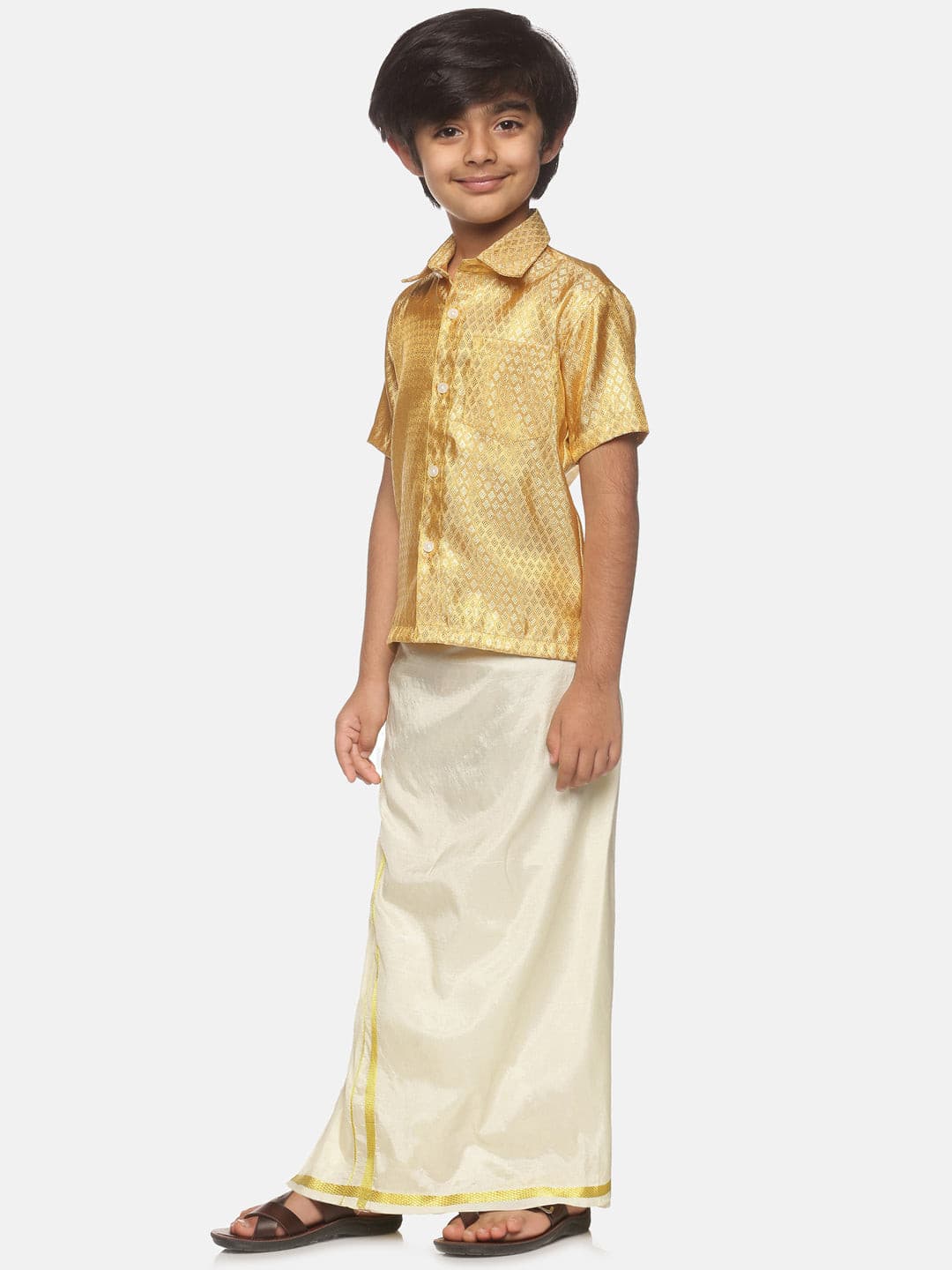 Boys Jacquard Cream Shirt And Dhoti Set.