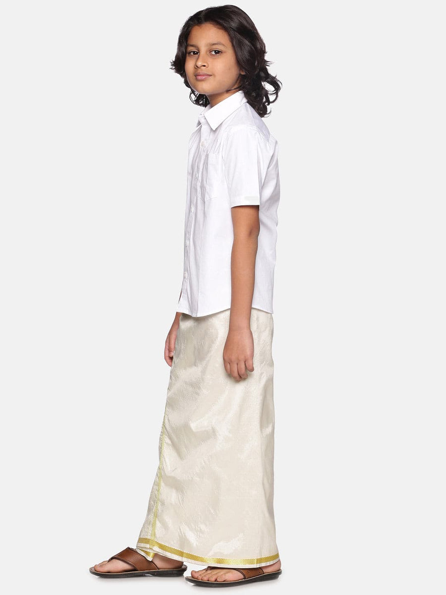 Boys White Colour Cotton Readymade Shirt With Dhoti Set.