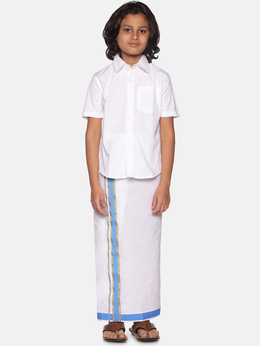 Boys White Colour Cotton Readymade Shirt With Dhoti Set