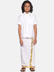 Boys White Cotton Readymade Shirt With Dhoti Set