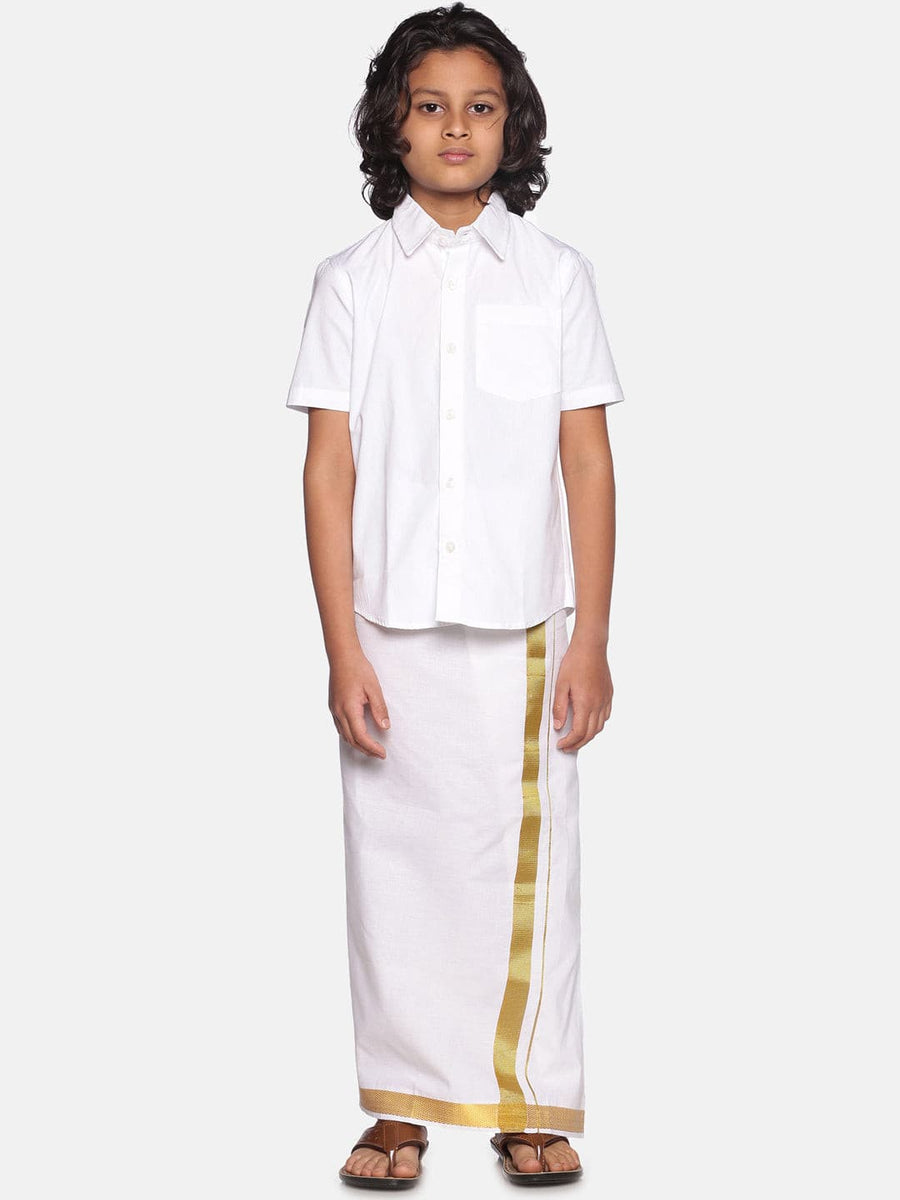 Boys White Cotton Readymade Shirt With Dhoti Set