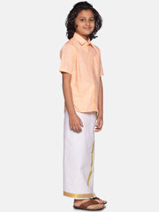 Boys Orange Cotton Readymade Shirt With Dhoti Set