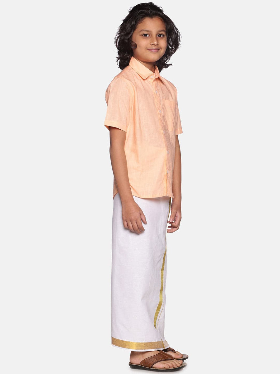 Boys Orange Cotton Readymade Shirt With Dhoti Set