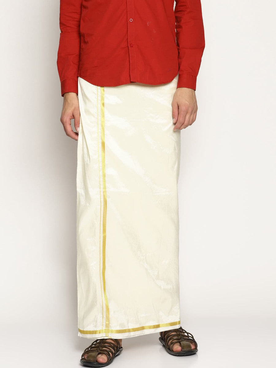 Men Cream Colour Art Silk Dhoti Combo Set.