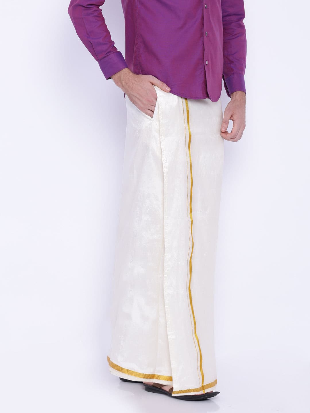 Men Cream Colour Art Silk Readymade Pocket Dhoti.