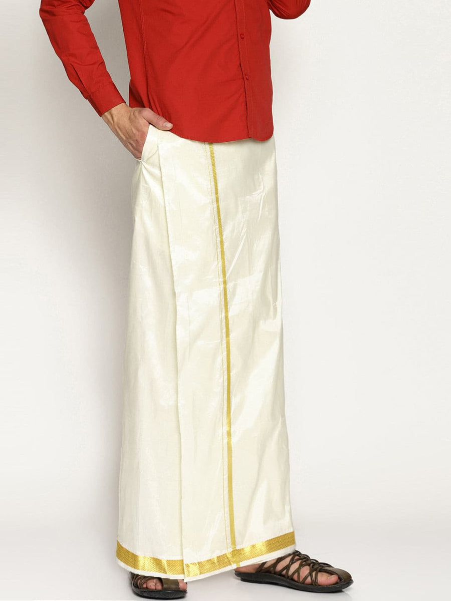 Men Cream Colour Art Silk Dhoti Combo Set.