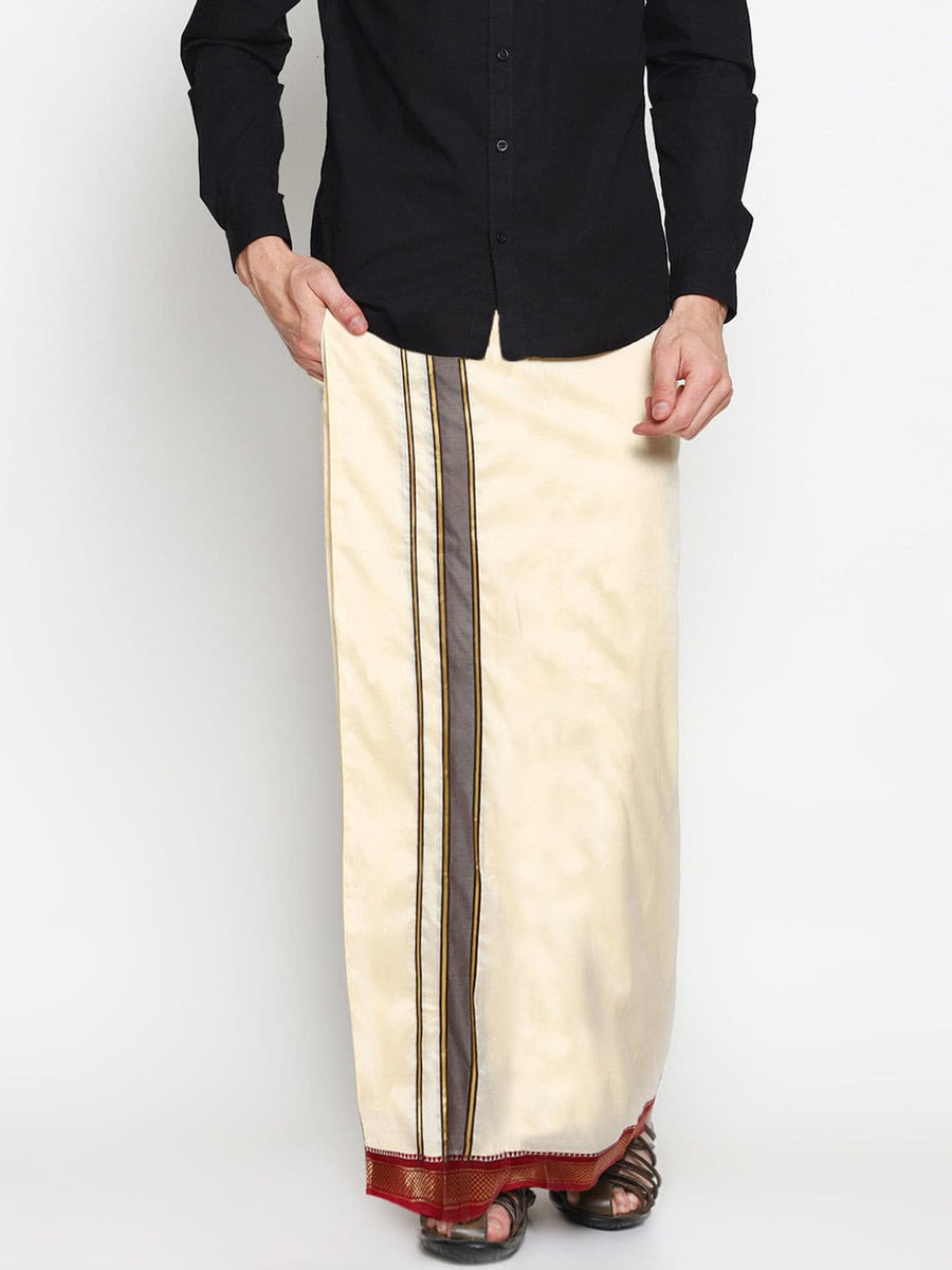 Men Cream Colour Art Silk Readymade Pocket Dhoti