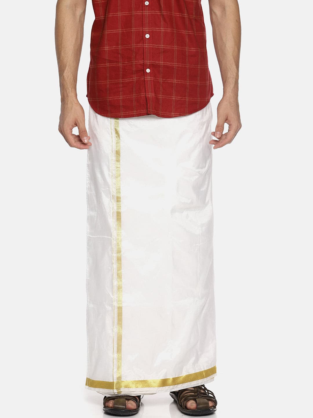 Men White Colour Art Silk Readymade Pocket Dhoti