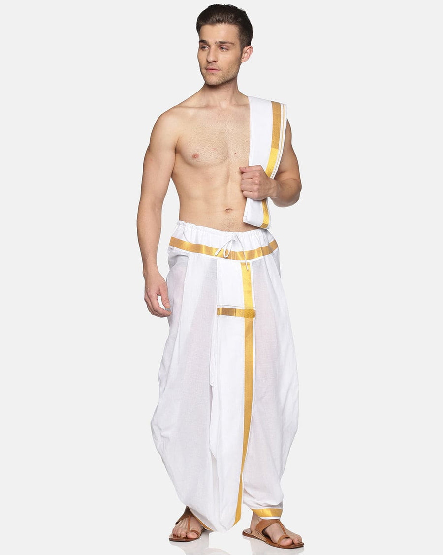 Men White Colour Cotton Dhoti Combo Set.