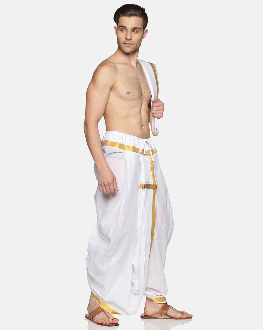Men White Colour Cotton Dhoti Combo Set.