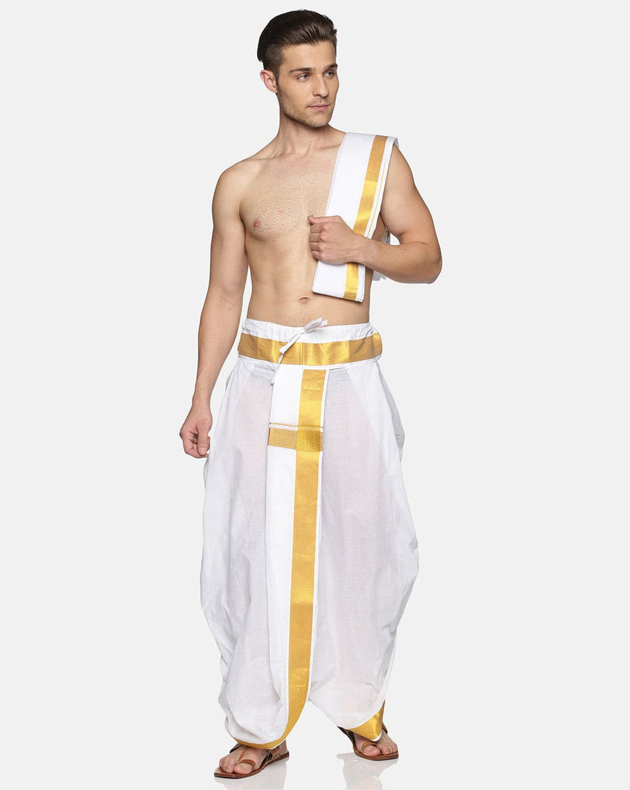 Men White Colour Cotton Dhoti Combo Set.