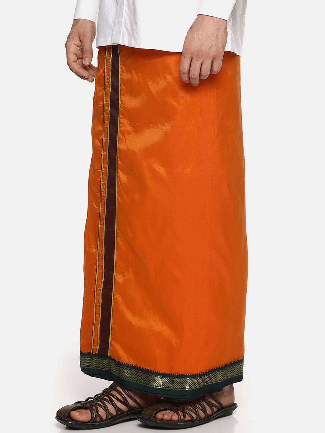 Men Orange Colour Art Silk Readymade Pocket Dhoti.