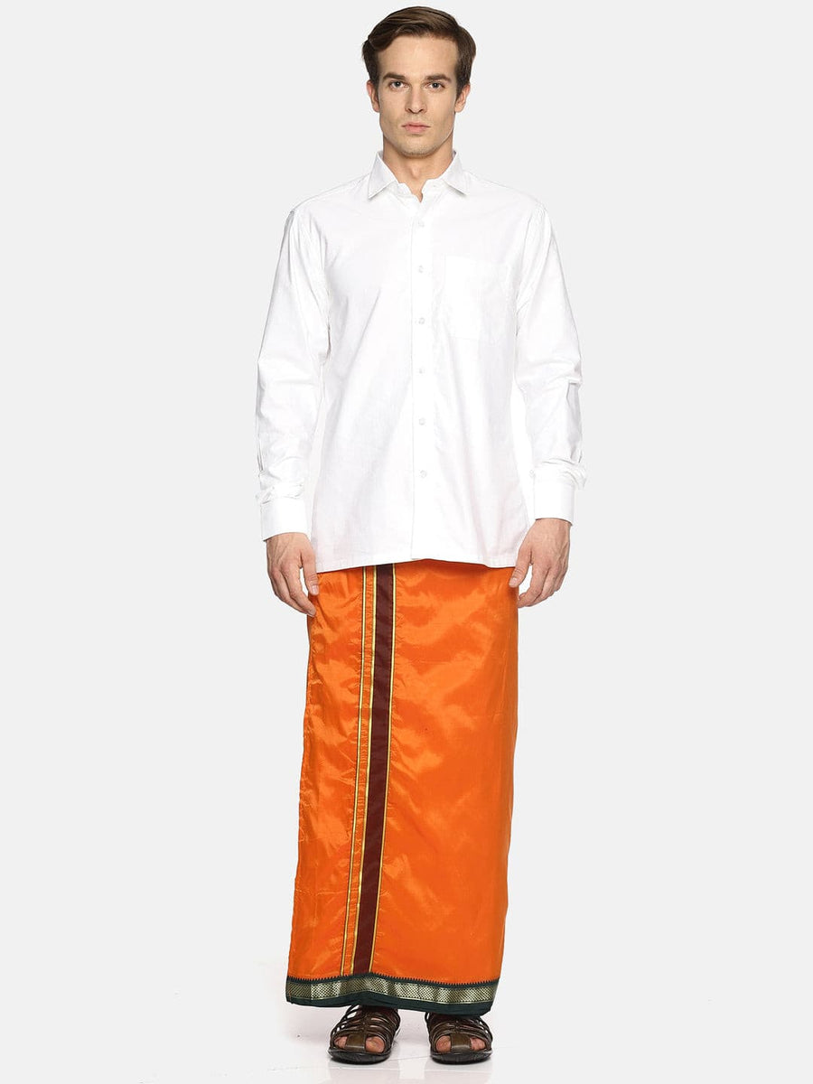 Men Orange Colour Art Silk Readymade Pocket Dhoti.