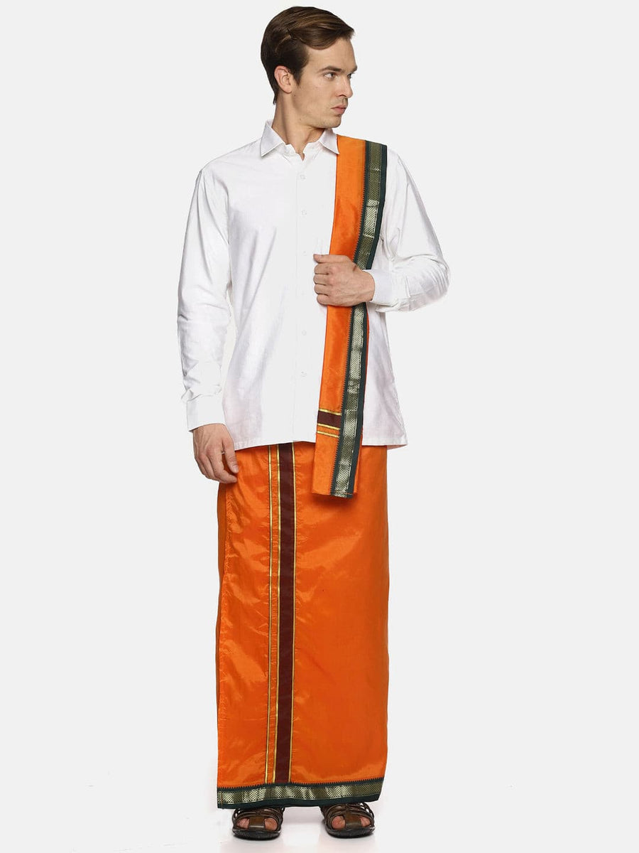 Men Orange Colour Art Silk Readymade Pocket Dhoti.