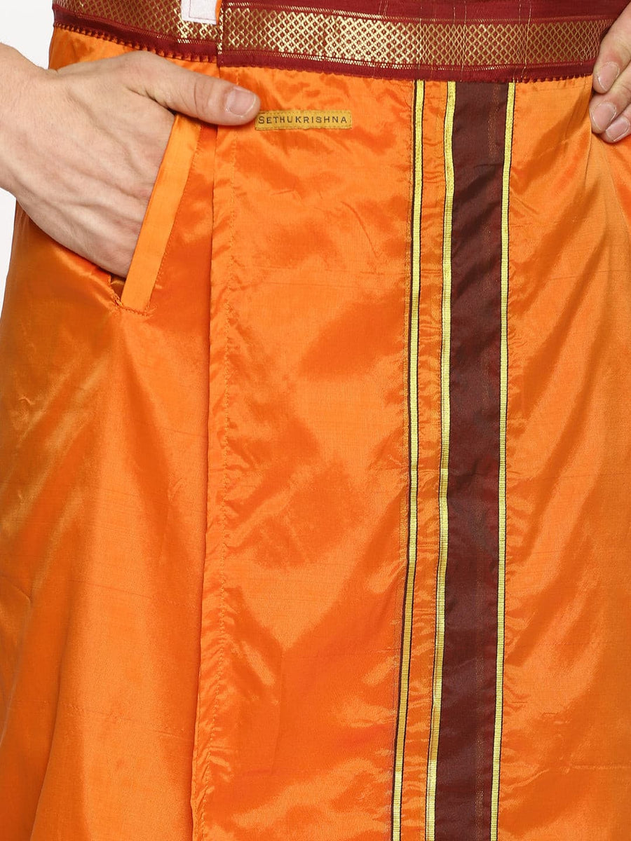 Men Orange Colour Art Silk Readymade Pocket Dhoti.