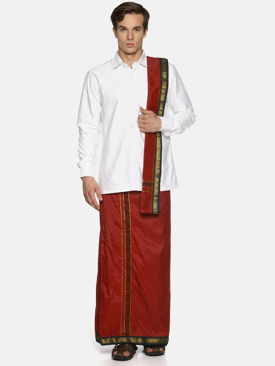 Men Red Colour Art Silk Readymade Pocket Dhoti.