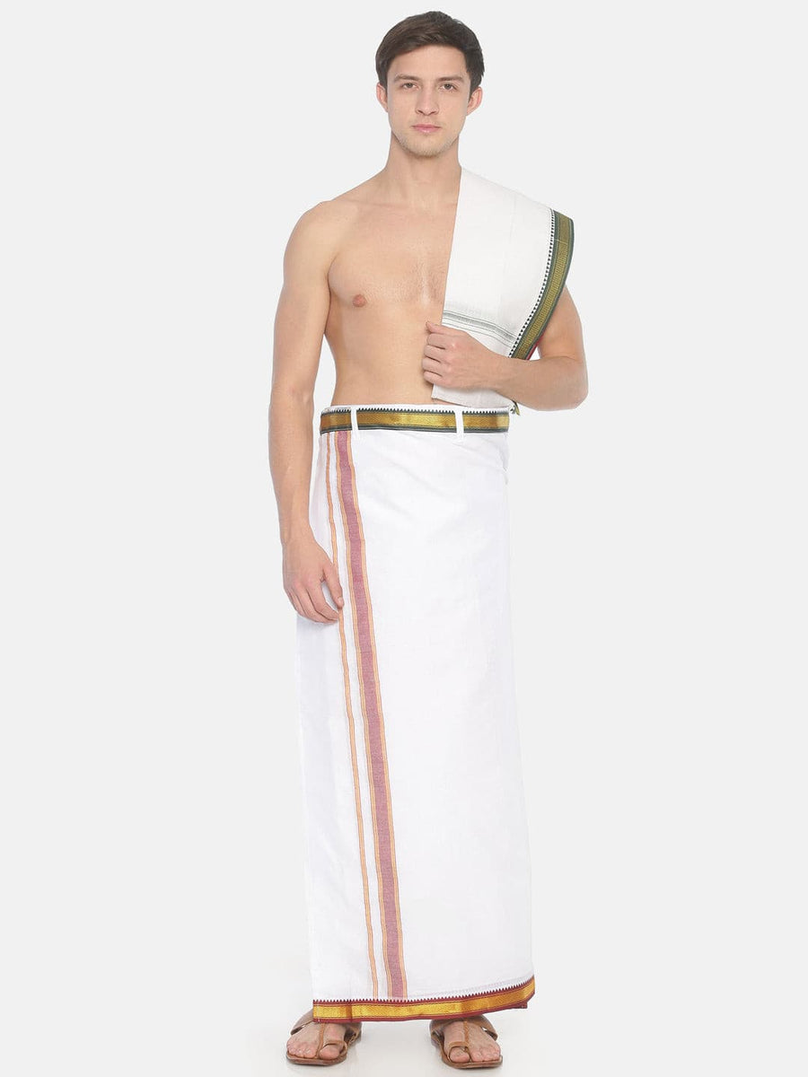 Men White Colour Cotton Dhoti Combo Set