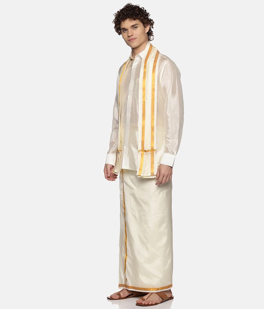 Men Cream Colour Art Silk Dhoti Angavastram Combo Set