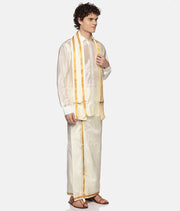 Men Cream Colour Art Silk Dhoti Angavastram Combo Set