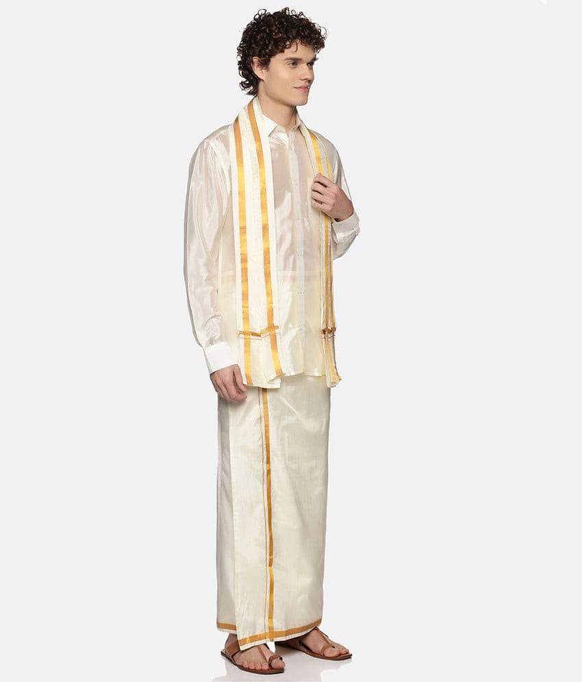 Men Cream Colour Art Silk Dhoti Angavastram Combo Set