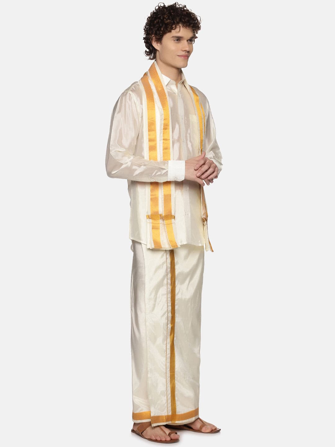 Men Cream Colour Art Silk Dhoti Angavastram Combo Set