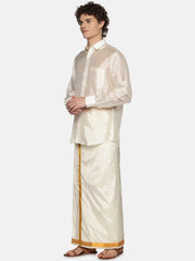 Men Cream Colour Art Silk Readymade Pocket Dhoti.