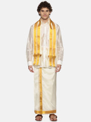Men Cream Colour Art Silk Dhoti Angavastram Combo Set