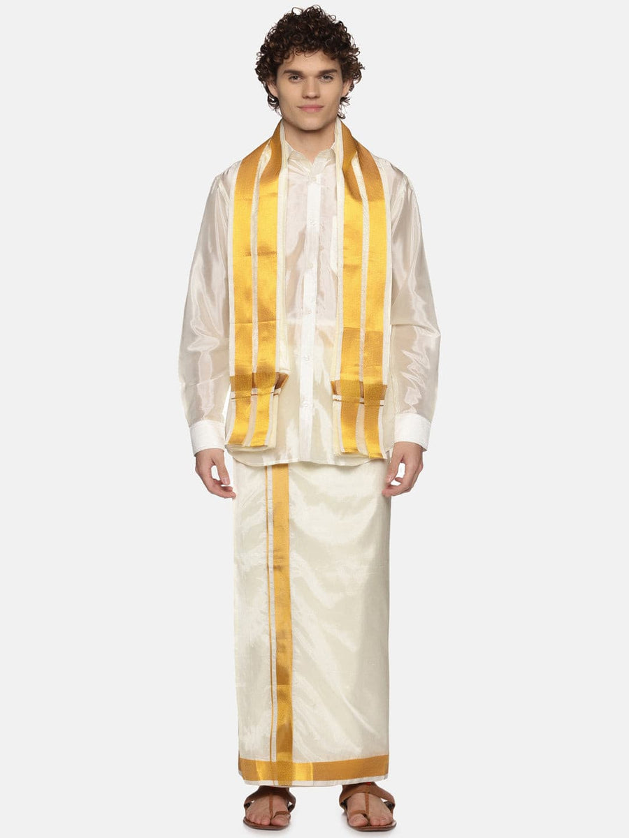 Men Cream Colour Art Silk Dhoti Angavastram Combo Set