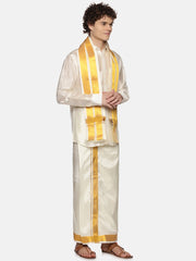 Men Cream Colour Art Silk Dhoti Angavastram Combo Set