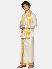 Men Cream Colour Art Silk Dhoti Angavastram Combo Set