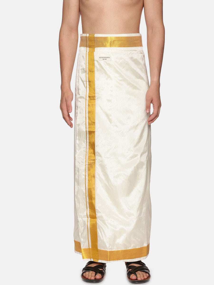 Men Cream Colour Art Silk Readymade Pocket Dhoti