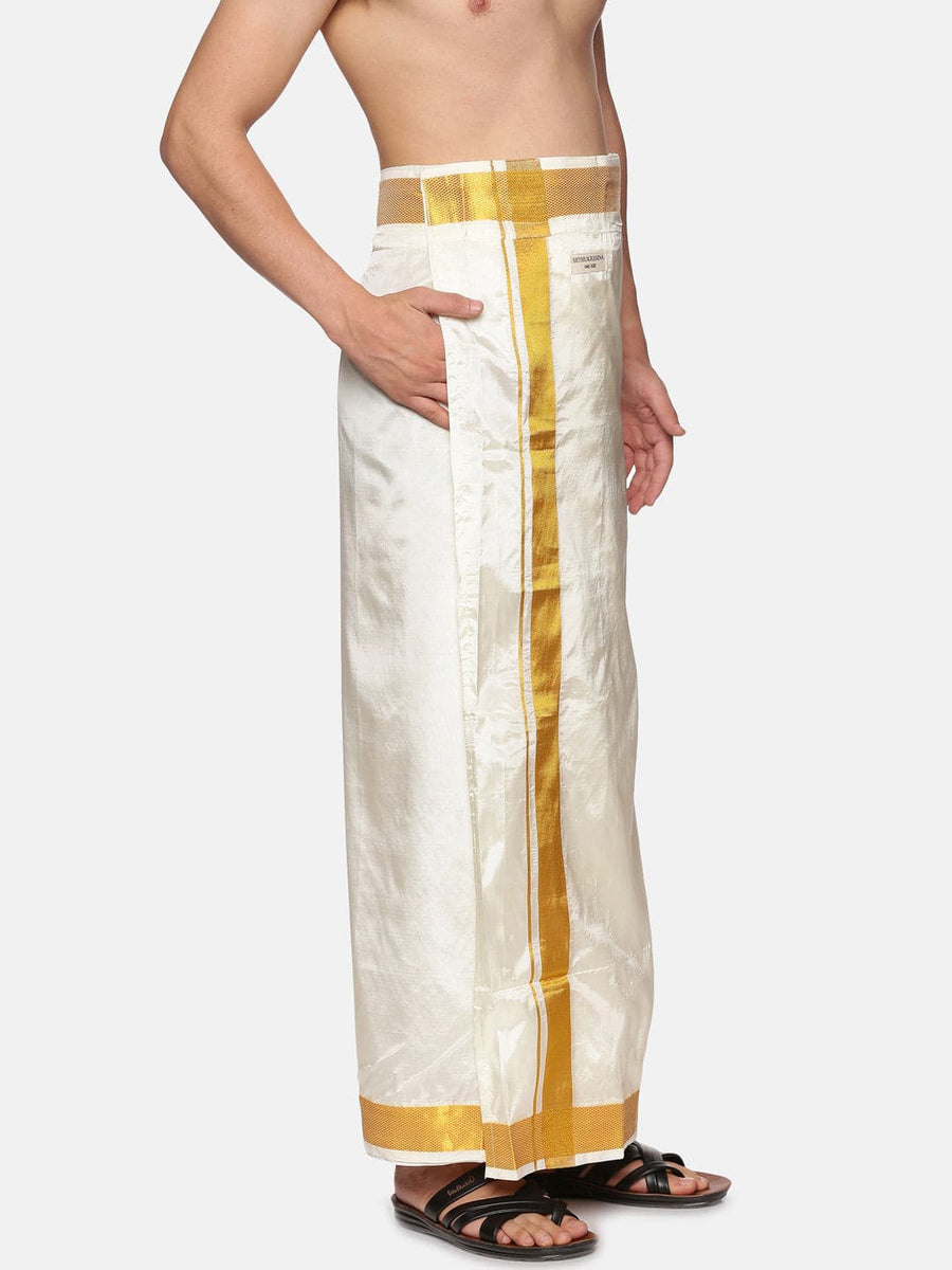 Men Cream Colour Art Silk Readymade Pocket Dhoti.