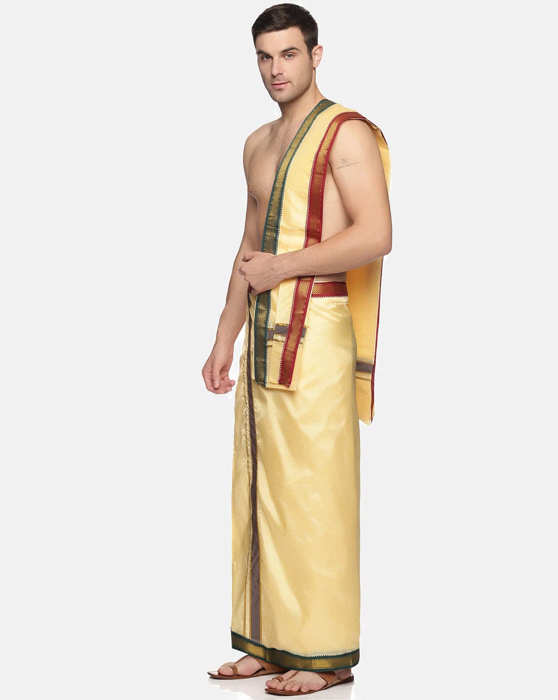 Men Sandal Colour Art Silk Dhoti Angavastram Combo Set