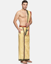 Men Sandal Colour Art Silk Dhoti Angavastram Combo Set