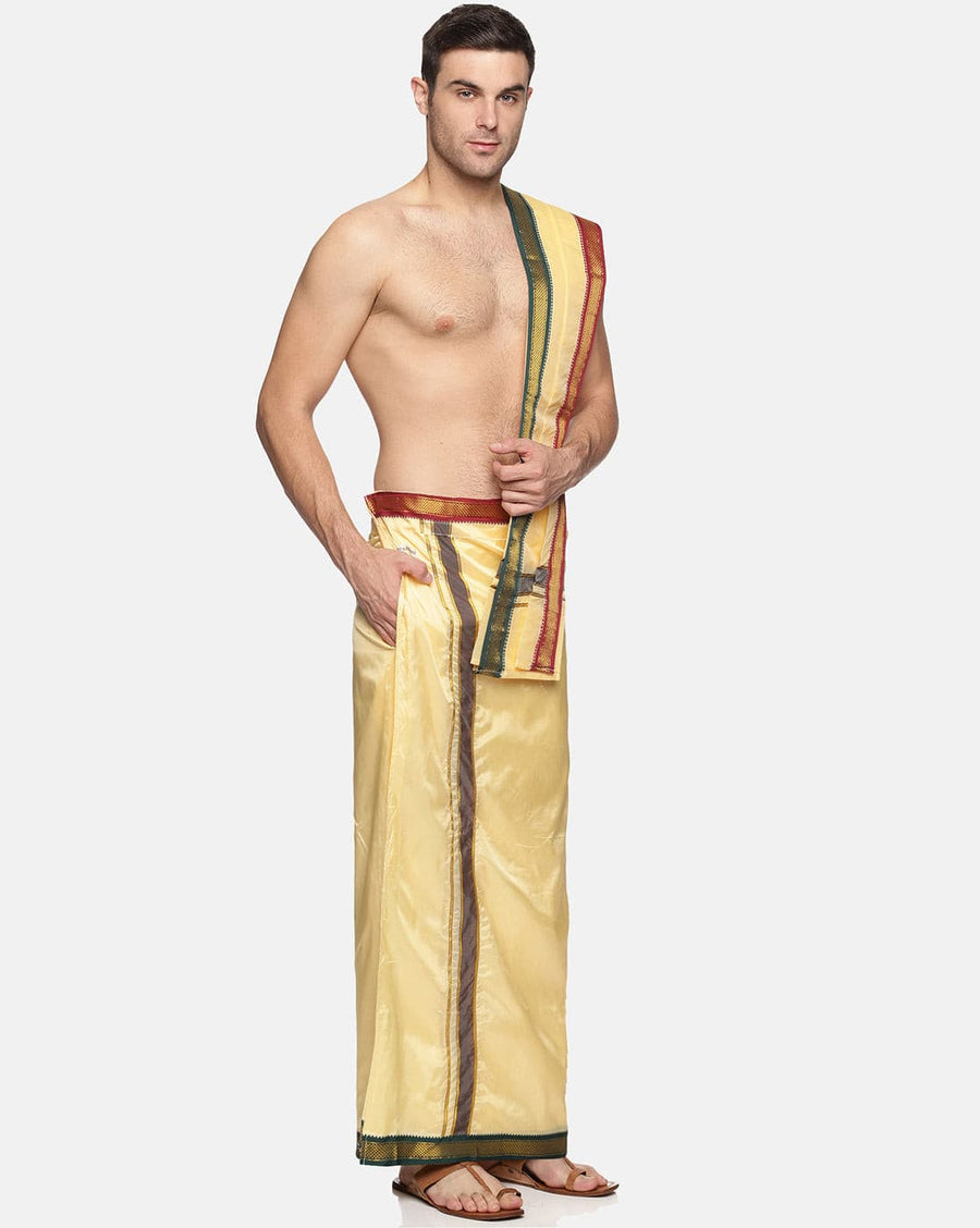 Men Sandal Colour Art Silk Dhoti Angavastram Combo Set