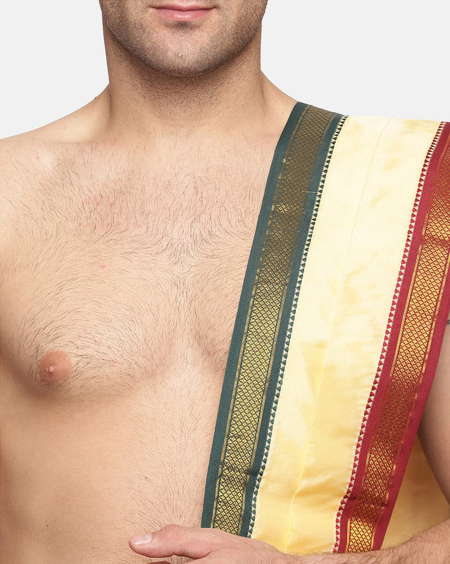 Men Sandal Colour Art Silk Dhoti Angavastram Combo Set