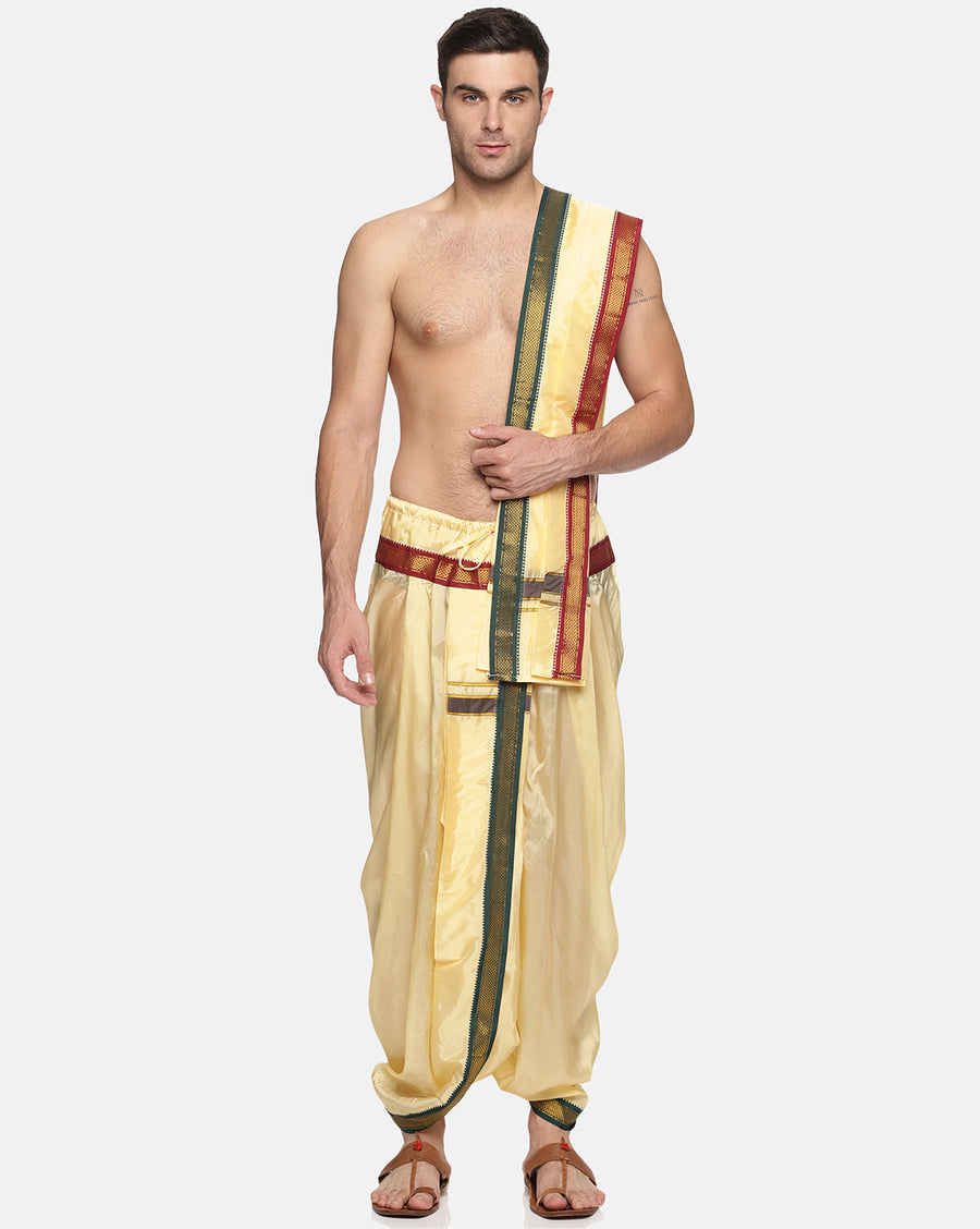Men Colour Art Silk Dhoti Angavastram Combo Set