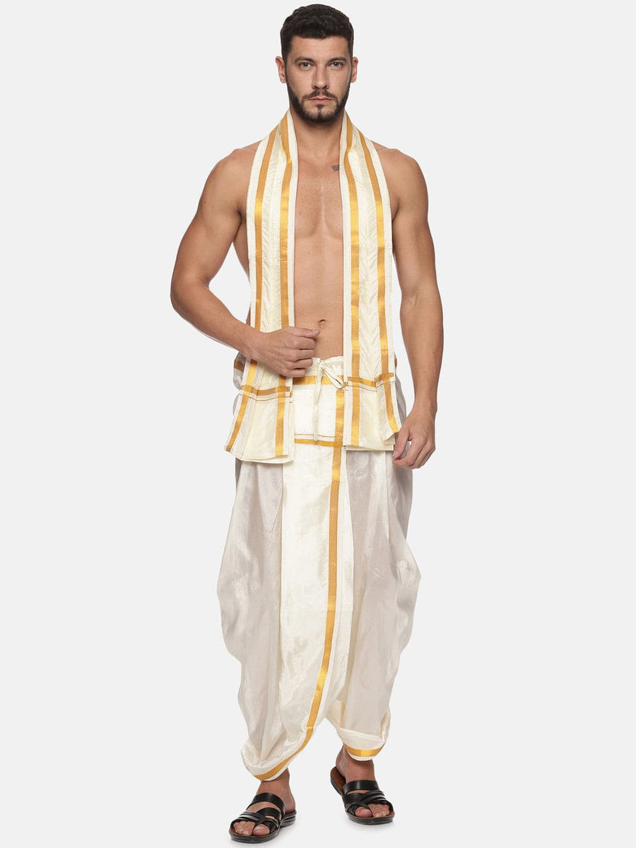 Men Cream Colour Art Silk Dhoti Angavastram Combo Set