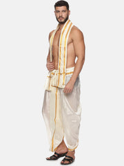 Men Cream Colour Art Silk Dhoti Angavastram Combo Set