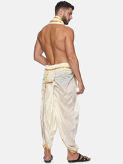 Men Cream Colour Art Silk Dhoti Angavastram Combo Set