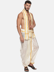 Men Cream Colour Art Silk Dhoti Angavastram Combo Set