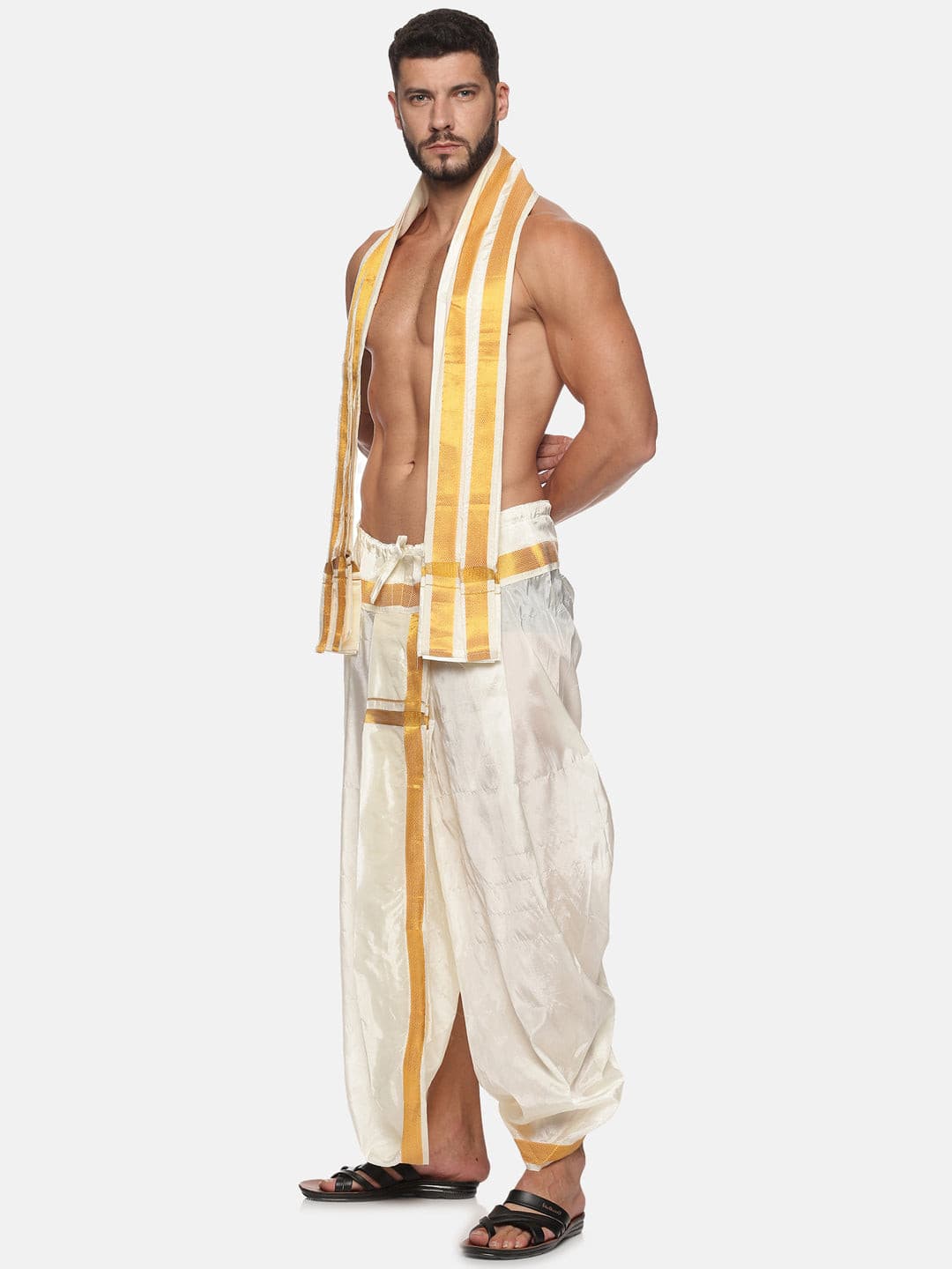 Men Cream Colour Art Silk Dhoti Angavastram Combo Set