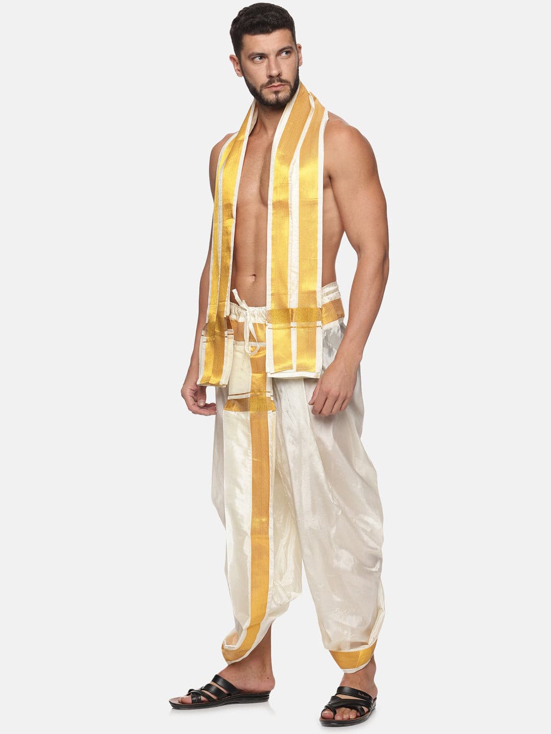 Men Cream Colour Art Silk Dhoti Angavastram Combo Set