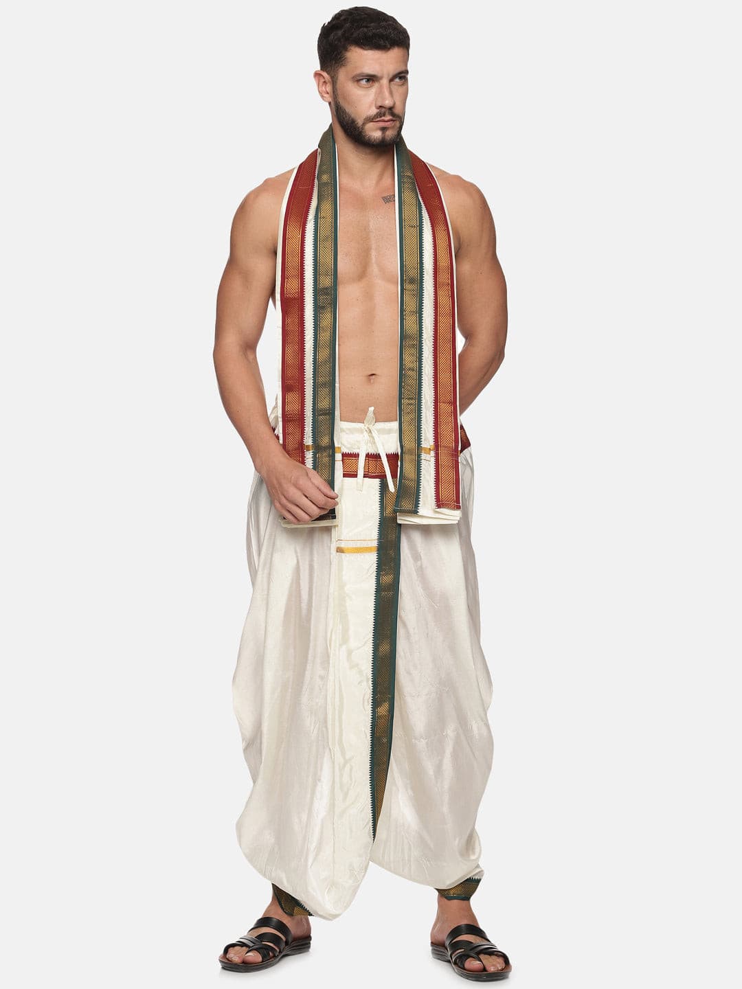 Men Cream Colour Art Silk Dhoti Angavastram Combo Set